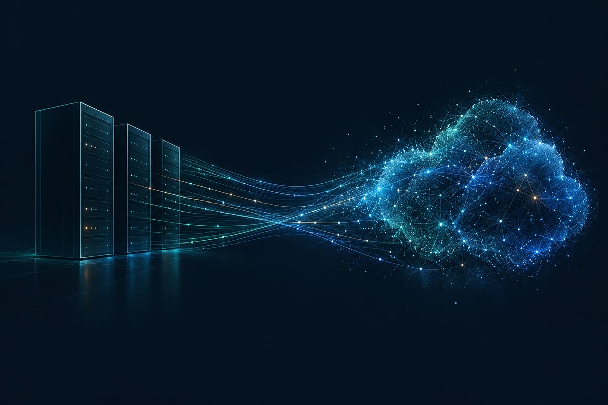 Datenströme fließen von Server-Racks in eine Cloud-Struktur