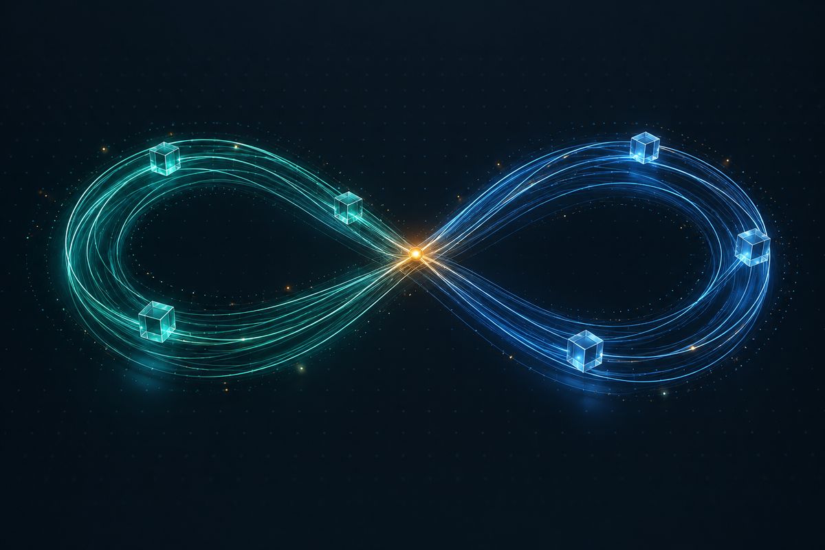 Endlosschleife aus Lichtbahnen mit Bausteinen als Symbol für DevOps